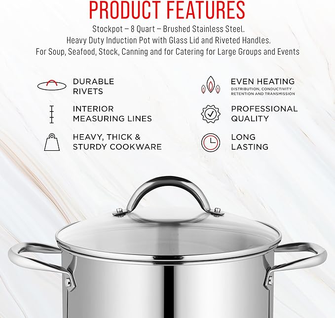 Stainless Steel Stockpot with Tempered Glass Lid 8 Quart, Durable 18/0 Stainless Steel, Impact-Bonded Base for Even Heating, Riveted Handles, Oven & All Stove Compatible, Safe Up To 500°F (260°C)