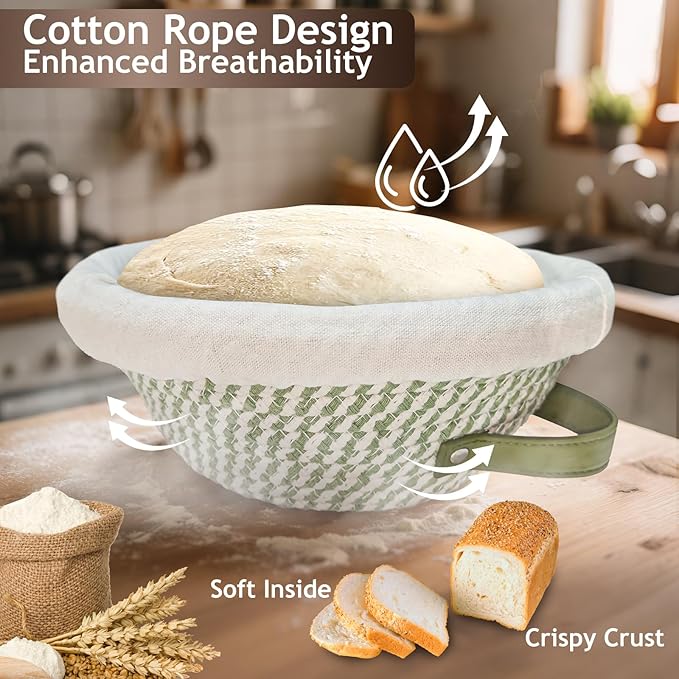 Banneton Bread Proofing Basket Set,Cotton Rope Sourdough Banneton Basket Oval Round, 10 inch Sourdough Bread Baking Supplies with 4 Liners, Handmade Proofing Bowls for Artisan Bakers Starter