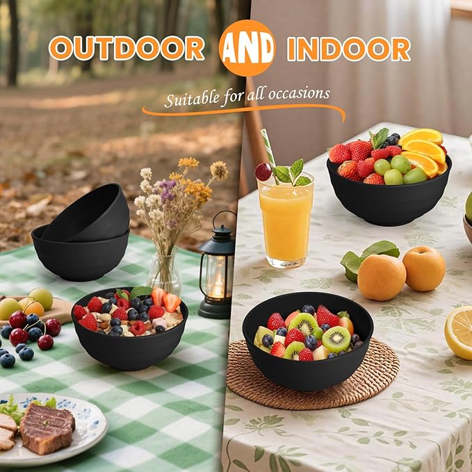 Homienly Unbreakable Big Bowl Set of 8: Alternative to Large Plastic Bowls - 60oz Wheat Straw Bowls for Salad, Soup & Cereal, Microwave & Dishwasher Safe for Everyday Use & Picnics - Black