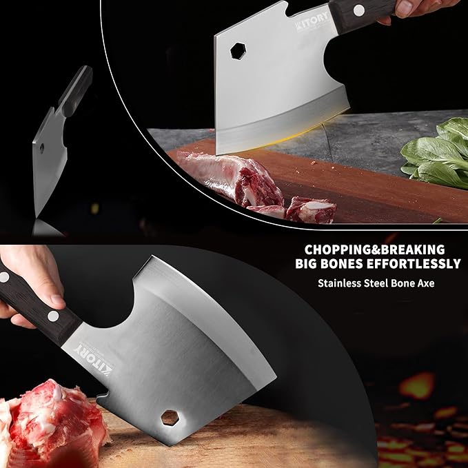 Kitory Meat Cleaver, Heavy Duty Bone Chopper Cleaver Knife, Full -Tang Axes Shape Super thick Blade, Bone Breaker, Butcher’s Kitchen Knife for Meat Cutting, Black Wenge Wood Handle -2025 Gifts