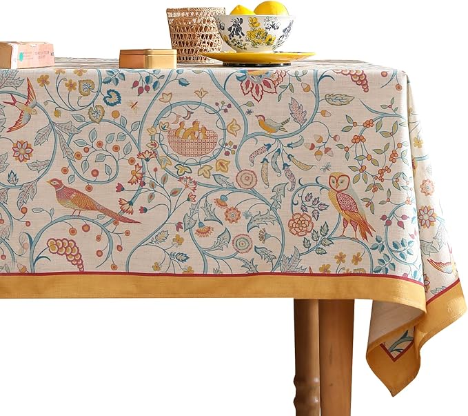 patdrea Designer Vintage French Extra Long Rectangular Tablecloth,Floral Birds Pattern Linen Table Cloth,Decorative Cover for Kitchen Dining Banquet,Christmas,Thanksgiving,67"x118"-Magnolia