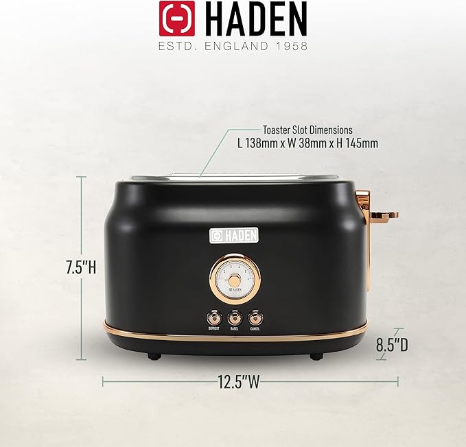 Haden Dorset 2 Slice Wide Slot Stainless Steel Toaster with Adjustable Browning Control & Non-Slip Feet, Black & Copper