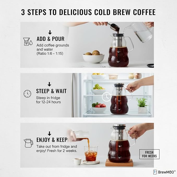 BrewMOO- Cold Brew Coffee Maker (2.0L/68Oz), Sleek Wave Borosilicate Glass Pitcher with Stainless Steel Filter, Airtight Lid + Wide Spout + Comfort Handle, Effortless Manual, Sophisticated Gift