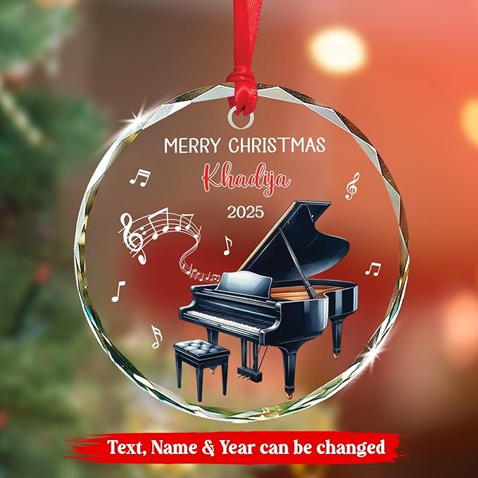 Personalized Piano Player Xmas Ornament Glass 2025, Piano Christmas Keepsake Gifts for Music Teacher Pianist, Musical Instrument Christmas Tree Decorations, Custom Text & Name Pianist Glass Ornament