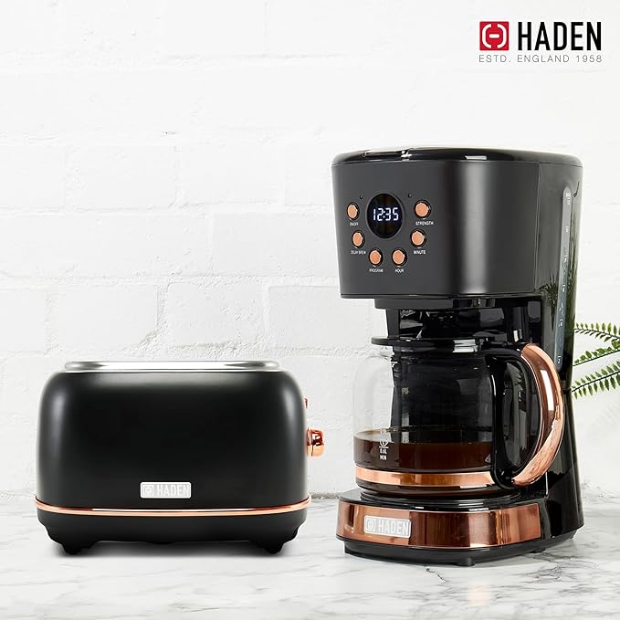 Haden Heritage 2 Slice Wide Slot Stainless Steel Toaster Bundled with 12 Cup Programmable Drip Coffee Maker Coffee Machine, Black & Copper