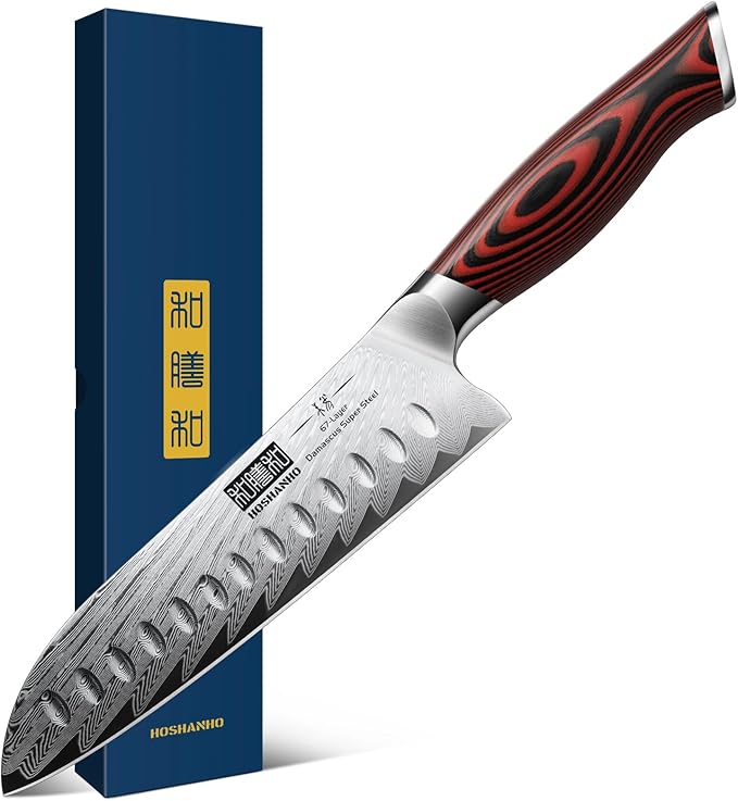 HOSHANHO Damascus Santoku Knife, 7 Inch Professiona Kitchen Knife, Damascus Super Steel Ultra-Sharp Santoku Chef Knife with Ergonomic G10 Handle