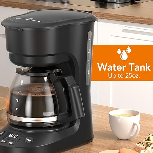 5-Cup Programmable Drip Coffee Maker, a compact coffee machine with a digital clock and 24-hour programmable timer, featuring Auto Shut-Off, and a Removable Filter Basket for Home & Office.