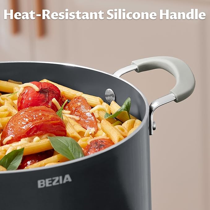 6 Quart Nonstick Stock Pot with Lid, BEZIA Ceramic Soup Pot with Lid, Induction Cooking Pots with Silicone Handle, Compatible with All Cooktops, Dishwasher Safe