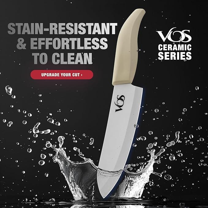 Vos Ceramic Knife Set in Elegant Gift Box, Ceramic Knives Set For Kitchen, Ultra Sharp Kitchen Knife Set & Covers, 3" 4" 5" 6" Paring, Santoku, utlity & Chef Knife, Scissors included (Off-White)