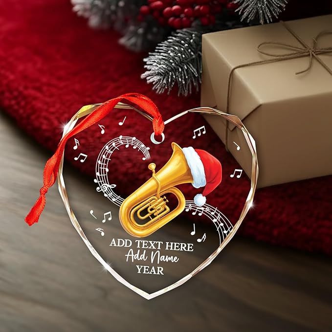 Customized Tuba Player Christmas Glass Ornament 2025, Personalized Tubaist Xmas Ornament with Text Name & Year, Tuba Instrument Christmas Tree Ornaments, Gifts for Men Women Music Lovers