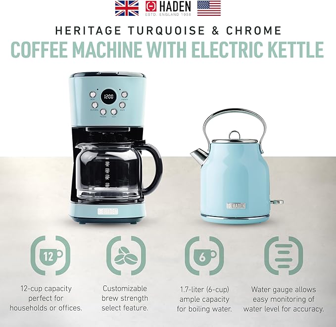 HADEN Coffee Machine, 12 Cup Drip Coffee Maker Bundled with Heritage 1.7 Liter Stainless Steel Electric Kettle, Turquoise & Chrome