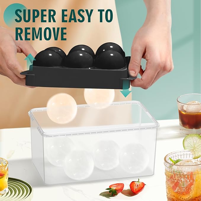 WIBIMEN Large Ice Cube Molds, Big Round Whiskey Ice Cube Trays for Freezer, Easy to Fill & Release, Whiskey Bourbon Cocktail(1.9In*6 Balls- Black/2 Pack)