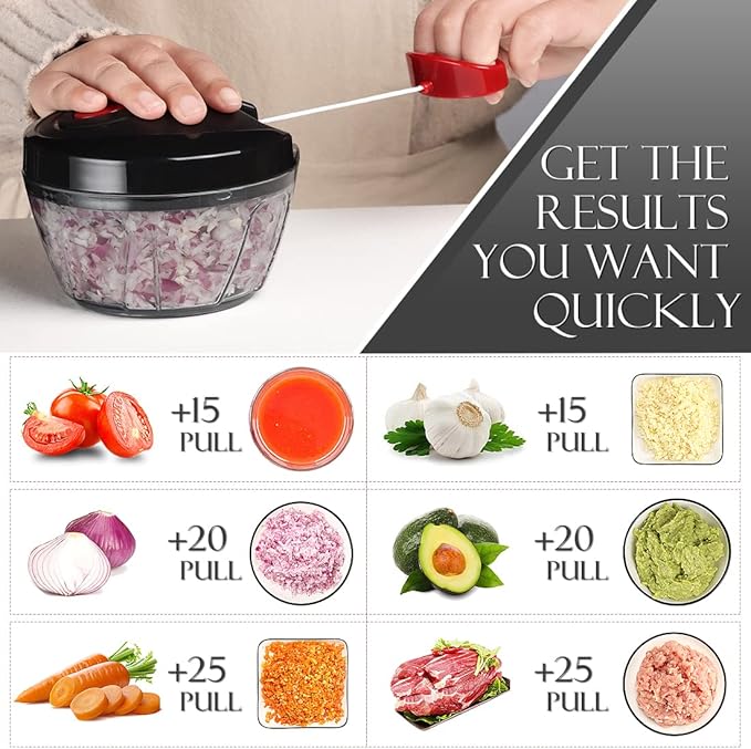 Ourokhome Manual Food Processor Vegetable Chopper, Portable Hand Pull String Garlic Mincer Onion Cutter for Veggies, Ginger, Fruits, Nuts, Herbs, etc., 500ml, Black