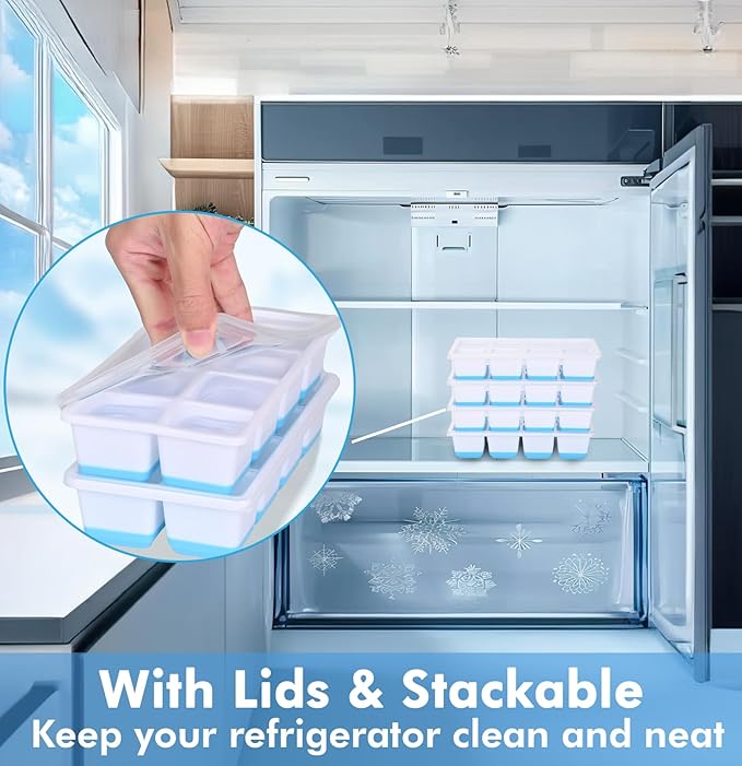 Large Ice Cube Molds, FURNSII 2 Pack Silicone Large Square Ice Cube Trays with Lids BPA Free, Easy-Release & Stackable 1.8'' Big Ice Cube Tray for Freezer Cocktail Whiskey Coffee