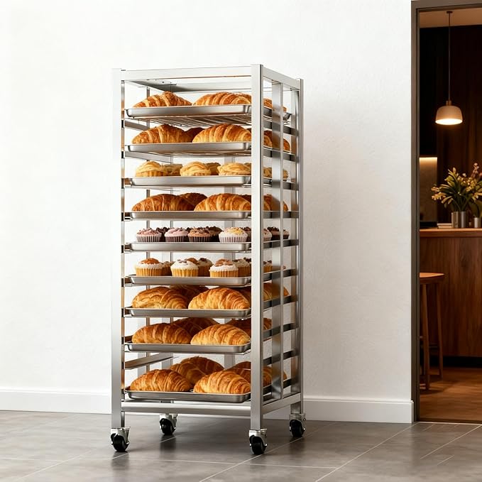 Bun Pan Rack, Commercial Bakery Sheet Rack with Brake Wheels, 10-Tier Stainless Steel Baking Tray Food cart ，for Bakeries Restaurant & Catering（Trays Not Included） ﻿ (10 Tier)