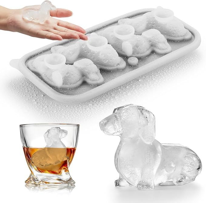 3D Dachshund Ice Cube Mold, 4 Hole Fun Shapes Dog Ice Cube Tray for Whiskey, Cocktail, Bourbon - Cute Novelty Dog Gifts for Women, BPA Free