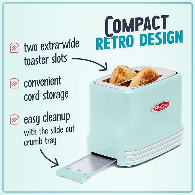 Nostalgia New and Improved Wide 2-Slice Toaster Perfect For Bread, English Muffins, Bagels, 5 Browning Levels, With Crumb Tray & Cord Storage, Aqua