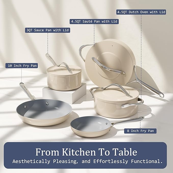 Nonstick Ceramic Sauté Pan with Lid (4.5 qt, 11") Deep Frying Pan for All Cooktops Non Toxic Skillet PTFE/PFOA/PFAS Free, Even Heat Distribution, Oven Safe w/Stay-Cool Handle, Cream