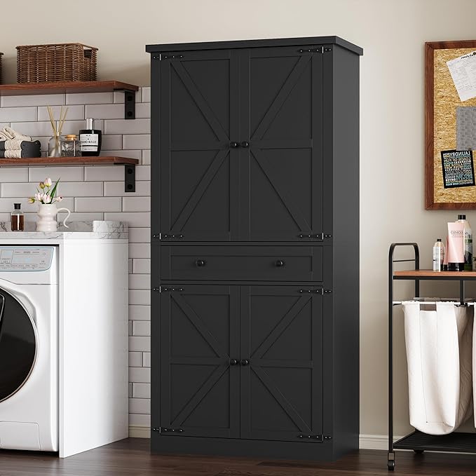 Pantry Organizers and Storage Cabinet, 70” Barn Door White Kitchen Cabinet with Drawers and Adjustable Shelf, Tall Pantry for Kitchen, Dining Room, Living Room Bedroom