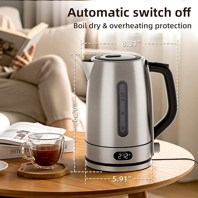 Kndko Electric Kettle,Temperature Adjustmenet, Stainless Steel Filter and Kettle,1.7L Tea Kettle & Hot Water Boiler For Coffee & Tea, Automatic Shut Off, 1500W, Silver