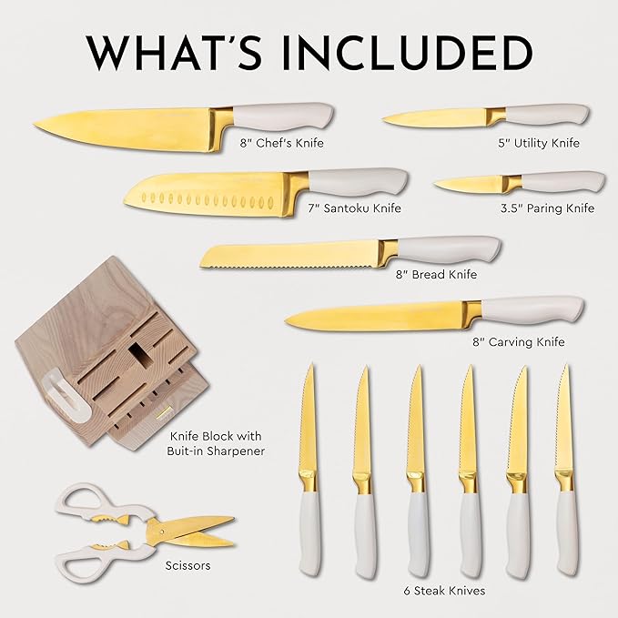 White and Gold Knife Set with Block Self-Sharpening – 14-Piece Titanium Coated Gold and White Kitchen Knives with Ashwood Block and Built-In Sharpener – Luxury Kitchen Accessories, Ideal Gift