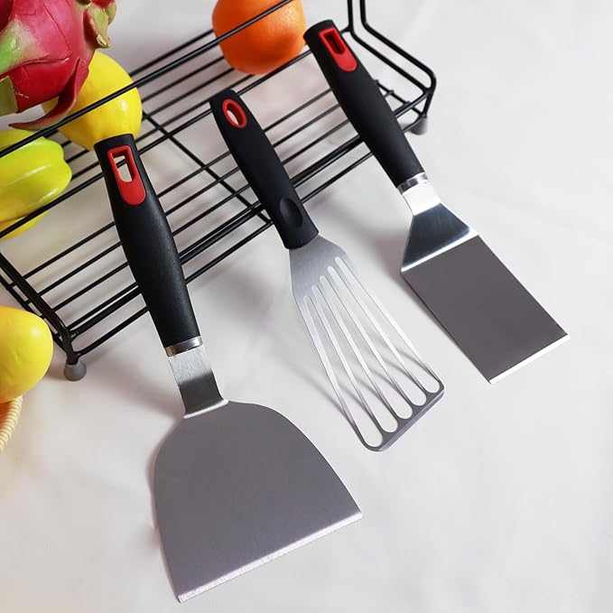 Stainless Steel Spatula Set - Cast Iron Skillet Spatula with Silicone Handle, Turner Flipper for Pancake, Burger, Egg Cooking & BBQ Grill