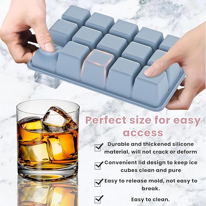 Large Silicone Ice Cube Trays with Lid, Make 15 Ice Cubes per Tray, Include 7.7in Ice Tongs - Ideal for Freezer, Drinks