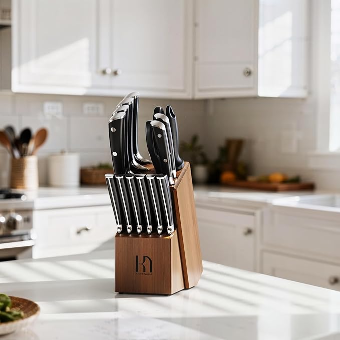 Knife Set, 15 Pcs Kitchen Knife Block Sets with Sharpener, Japanese High Carbon Stainless Steel Set of Knives, Premium Razor Sharp Black Knives Set with Block for Kitchen, Ergonomic Handle