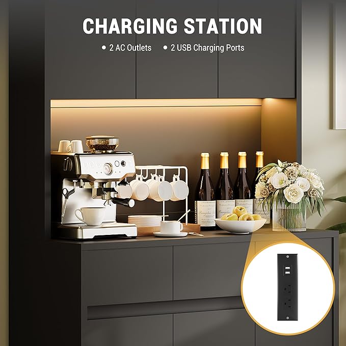 Garvee Kitchen Pantry Storage Cabinet, Tall Storage Cabinet with Doors and Shelves, Kitchen Storage Hutch with Microwave Stand, Led Lights and Charging Station, Corner Pantry Cabinet, Black