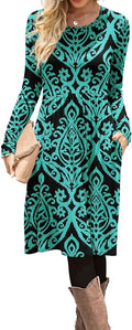 DB MOON Women Casual Long Sleeve Dresses Empire Waist Knee Length Loose Dress with Pockets