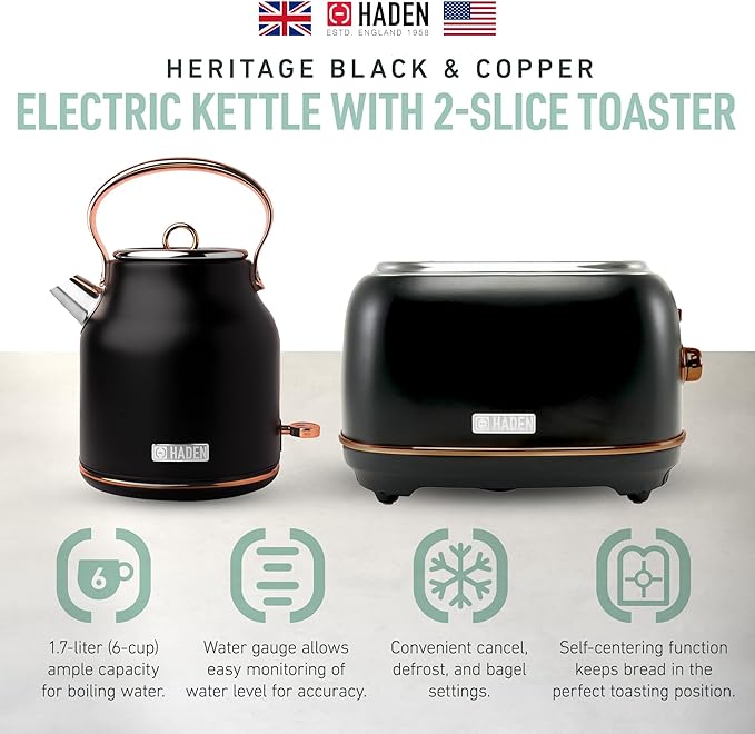 Haden Heritage 1.7 Liter Stainless Steel Electric Water Kettle Bundled with 2 Slice Wide Slot Stainless Steel Toaster, Black & Copper