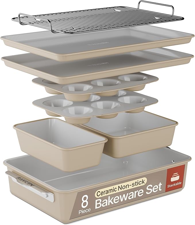 Bakken 8-Piece Ceramic Coated Bakeware Sets, Nonstick Aluminized Steel Pans with Muffin, Loaf, Cake, Roasting Pan, & Cooling Rack, Oven Safe Up To 500°F, Dishwasher Safe, BPA, PTFE & PFAS Free, Cream