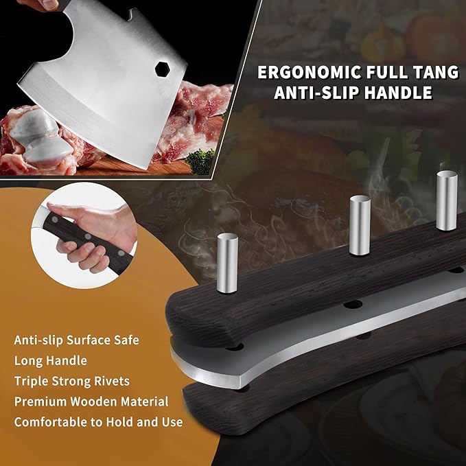 Kitory Meat Cleaver, Heavy Duty Bone Chopper Cleaver Knife, Full -Tang Axes Shape Super thick Blade, Bone Breaker, Butcher’s Kitchen Knife for Meat Cutting, Black Wenge Wood Handle -2025 Gifts