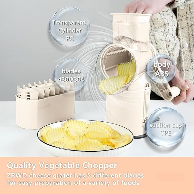 Rotary Cheese Grater with Handle Vegetable Shredder with 5 Interchangeable Blades, Kitchen Food Slicer and Chopper with Strong Suction Base for Fruit Vegetables Nuts with Blade Storage Box (White)