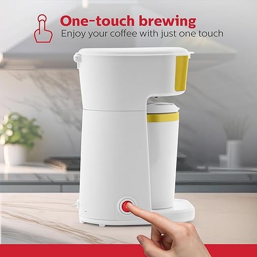 Holstein Housewares Personal Coffee Maker with 14oz Travel Mug – Compact One-Touch Brew Machine with Reusable Filter, Auto Shut-Off, Non-Stick Plate, Ideal for Home, Office, or Dorm. White & Gold