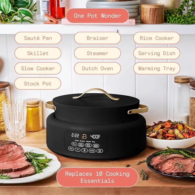 Beautiful 10-in-1,6Qt Electric Multi-Cooker with 7 Presets,Oven-Safe Pot & Lid,Sauté,Steam,Slow Cook,Slow Cooker, Simmer, Rice & More – Touch Display, Dishwasher Safe, Serves Up to 7 (Black Sesame)