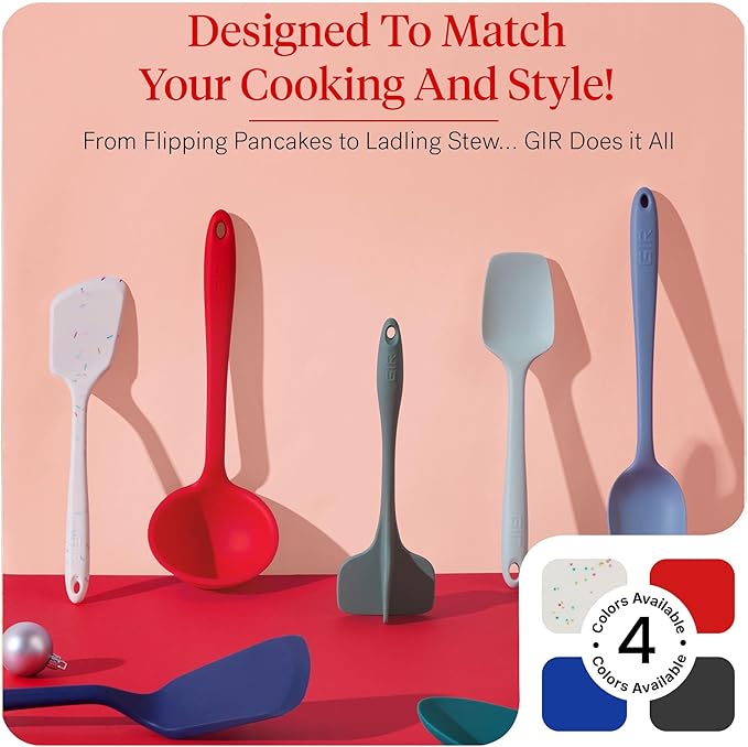 GIR: Get It Right 5-Piece Silicone Essentials Kitchen Utensils Set - Ladle, Spatula, Flip, Spoon & Spoonula - Non-Toxic Cooking Utensils for Nonstick Cookware, Cooking and Baking - Fire Red