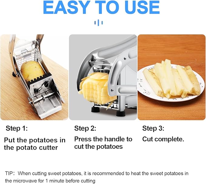 French Fry Cutter with 2 Blades, Professional Potato Cutter Stainless Steel, Potato Slicer French Fries, Press French Fries Cutter for Potato