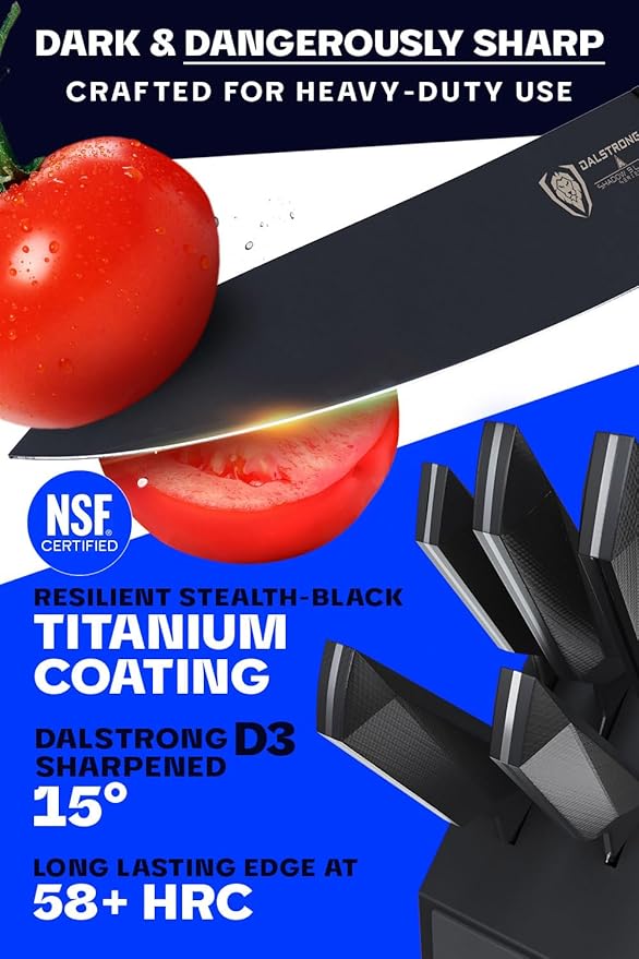 Dalstrong Knife Block Set - 5pc - Shadow Black Series - Black Titanium Nitride Coated - High Carbon - 7CR17MOV-X Vacuum Treated Steel - Sheath - Kitchen Knife Set with Block - NSF Certified