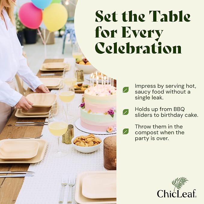 Chic Leaf Palm Leaf Disposable Bamboo Plates - Party Plates for Weddings & Event Appetizers - Biodegradable & Compostable - Party Supplies (9", 20 Pack)