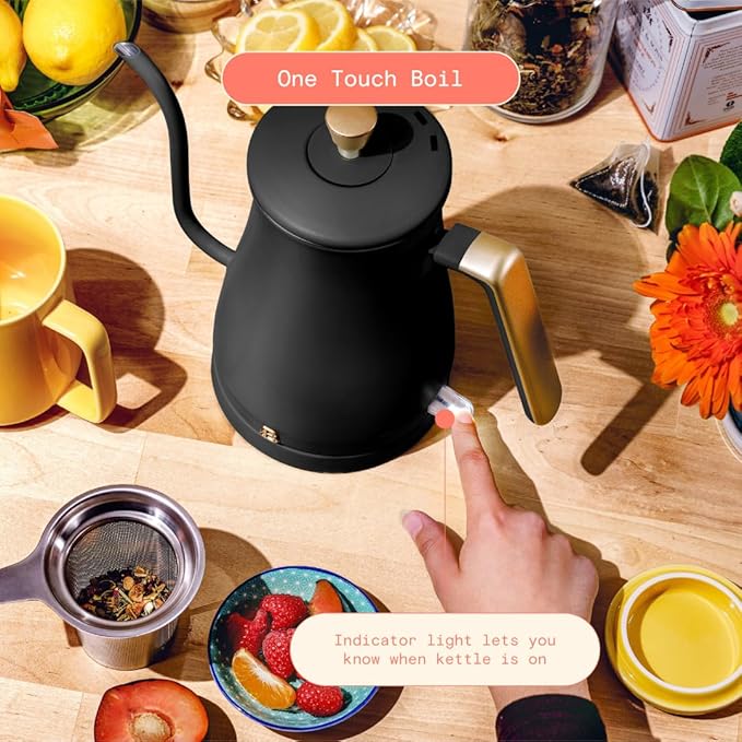 Beautiful 1L Electric Gooseneck Kettle, Precision Pour Spout, 1200W Fast Boil, Auto Shut-Off, Cordless, Stainless Steel, Tea & Coffee Maker with Ergonomic Handle, Matte Finish (Black Sesame)