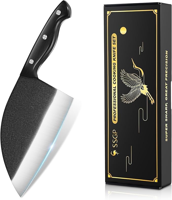 SSGP Serbian Chef Knife, 7.2 Inch Meat Cleaver Knife with Full Tang Handle, Hand Forged Heavy Duty Chopper Knife, Butcher Knife for Kitchen, Outdoor Cooking, Camping