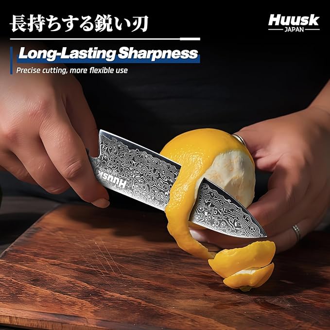 Huusk Damascus Utility Knife Japanese - 5.5 inch Handcrafted VG10 Paring Knife, Small Chef Knives with Ergonomic Wooden Handle, Versatile Kitchen Knives for Vegetable Fruit Meat, Birthday Dad Mom Gift