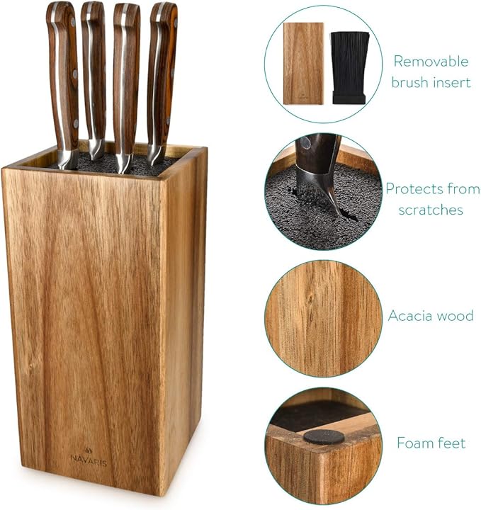 Navaris Wooden Kitchen Knife Block - Universal Bristle Knife Holder Storage Stand - Acacia Wood Knife Block - Upright Design 9.4 x 4.7 x 4.7 inches