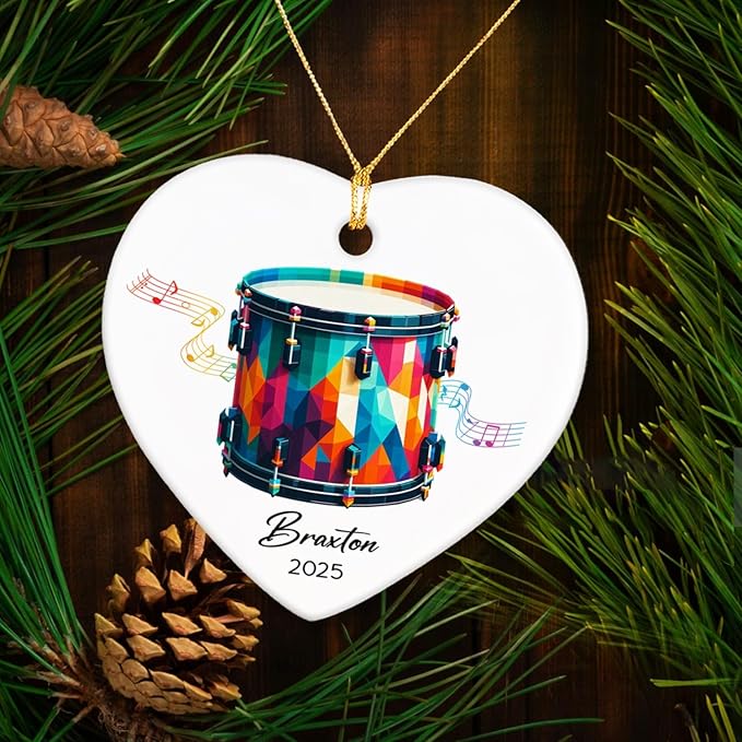 Personalized Drum Xmas Ceramic Ornaments Gifts for Band Music, Drummer Ornament Keepsake 2025, Customized Name & Year Drum Instrument Lovers Ceramic Ornaments, Drumming Player Christmas Ornament Tree