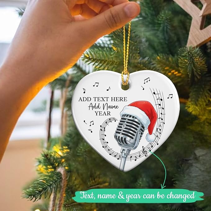 Personalized Microphone Xmas Ceramic Ornament, Recording Vocals Microphone Christmas Tree Ornaments 2025, Custom Text Name & Year Vocalist Xmas Ornament, Gift for Singer Vocalist Music Lover