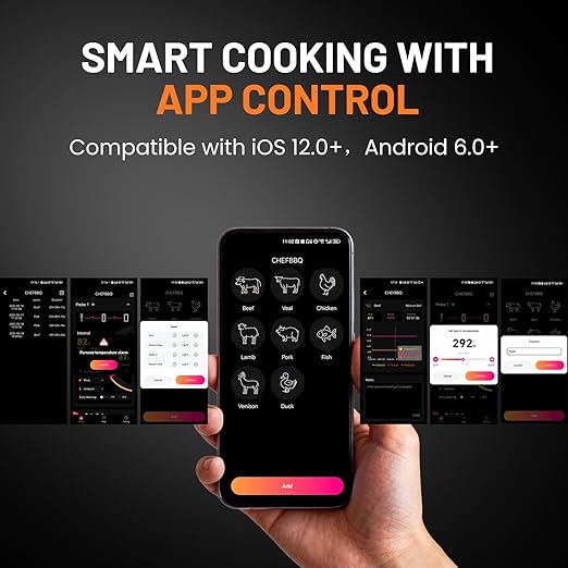 Smart Bluetooth Wireless Meat Thermometer, Real-Time Monitoring Control Digital Thermometer with Smart App, 4 Meat Probes IP67 Waterproof High Accuracy Perfect for BBQ, Oven, Grill & Smoker