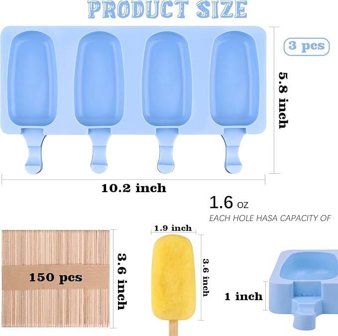 Sakolla Large Silicone Popsicle Molds Set of 3, Oval 4 Cavities Homemade Ice Pop Molds with 150 Wooden Sticks for Ice Cream, Cakesicles, Cake Pop (Blue)
