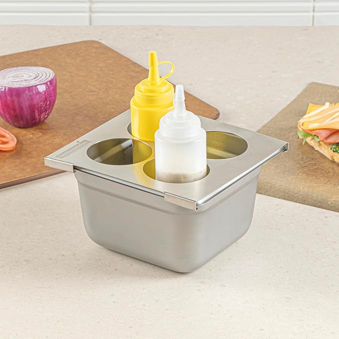 Restaurantware Squeeze Bottle Template Pack of 1 Stainless Steel 4 Hole Holder Top, 2.5" Diameter Fits 1/6 Size Food Pans, Dishwasher Friendly Integrated Lip Design Holder Top for Condiment Bottles