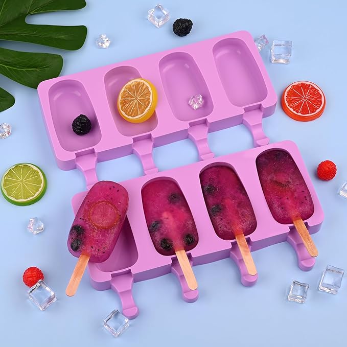 WMKGG Popsicle Silicone Molds Set, 2 PCS Ice Cream Molds with 50 Wooden Sticks for Cake Pop, Ice Pop, Cakesicles (Standard Size/Purple)